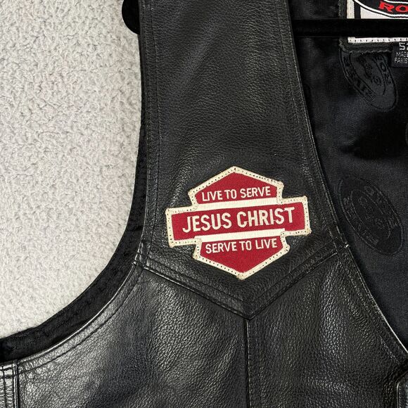 Leather Vest Jesus Patch Vest Men 52 2XL River Road Motorcycle Lace Up Sides - Picture 4 of 12